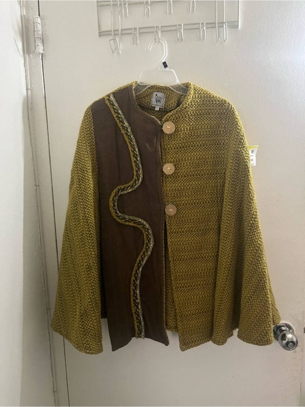 Puska Textured Olive Green Knit Swing Cardigan with Brown Accent